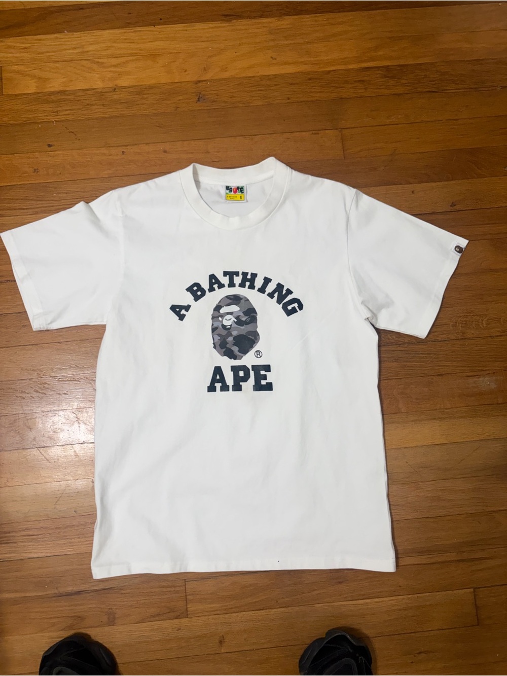 A Bathing Ape White Short Sleeve Logo Tee with Grey Camo Ape